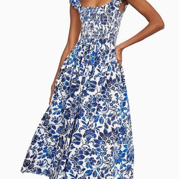 NWT La Ligne ‘Vivian’ Floral Smocked Midi Dress – Blue & White (Size M) - Picture 9 of 9